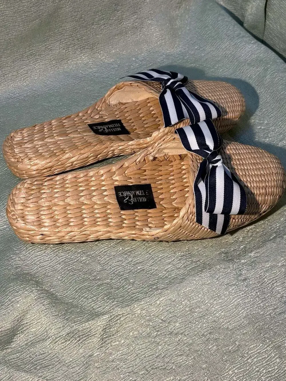 Mullen & Fitzmaurice Woven Straw Beach Sandals with Blue and White Striped Bow